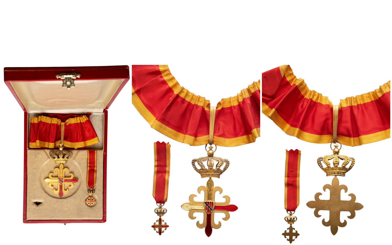 The Order of the Collar of St. Agatha of Paterno: Neck Badge, 84x52 mm., gilt Bronze, one side enameled, original suspension ring, loop and ribbon, in case of issue with miniature. Very attractive! I