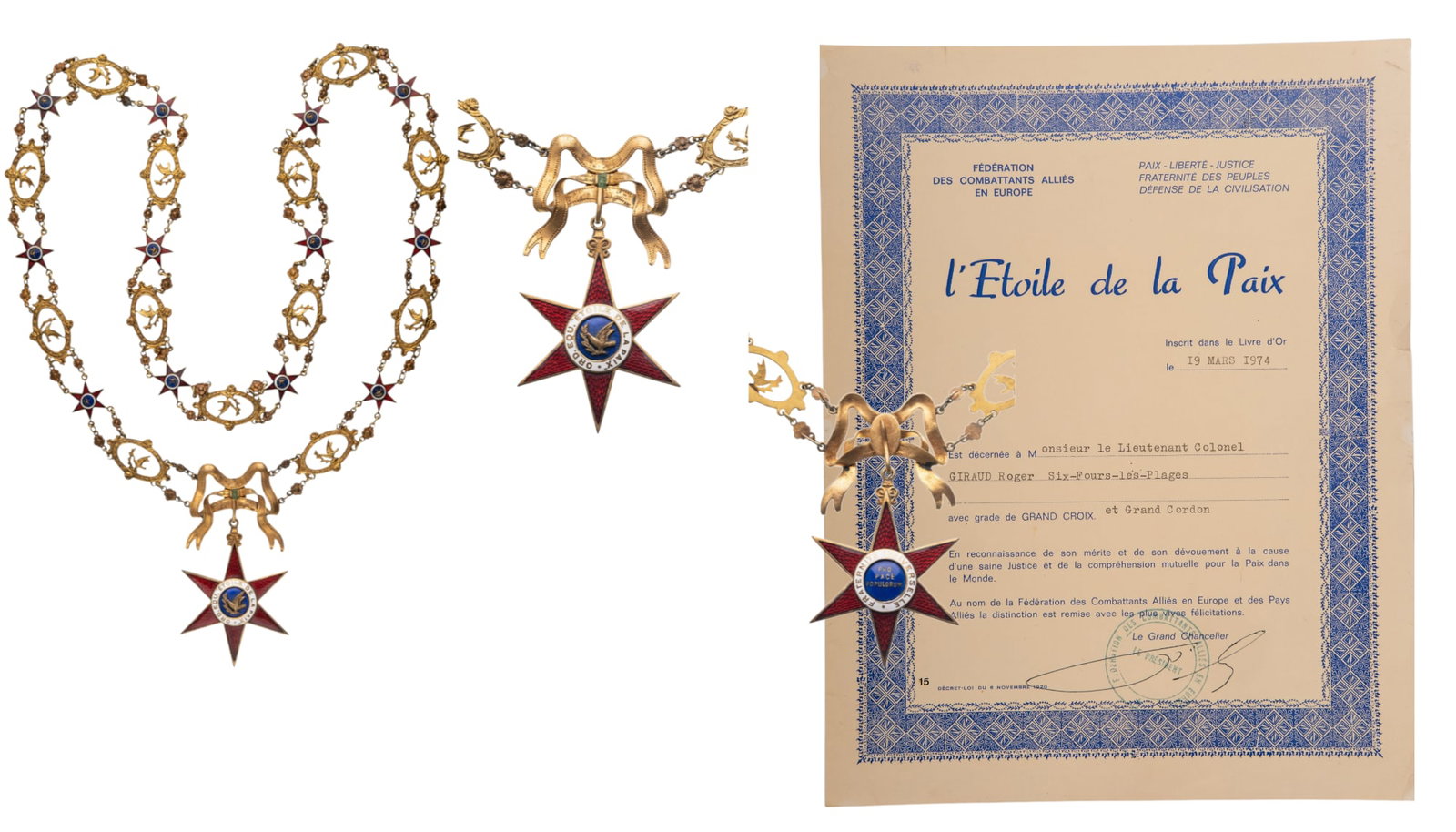 Equestrian Order of The Star Of Peace: Collar Chain. Collar Badge, 61x53 mm, gilt Bronze, both sides enameled, original suspension device and ring. Collar, 89 cm, gilt Bronze, 12 enameled stars, together with awarding document for the Coll