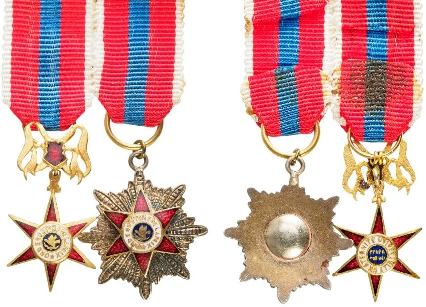 Equestrian Order of The Star Of Peace: Grand Cross Set Miniatures. Breast Badge, 23x14 mm, gilt Bronze, both sides enameled, original suspension trophee, ring and ribbon. Breast Star, 21 mm, gilt and silvered, superimposed part enameled, o