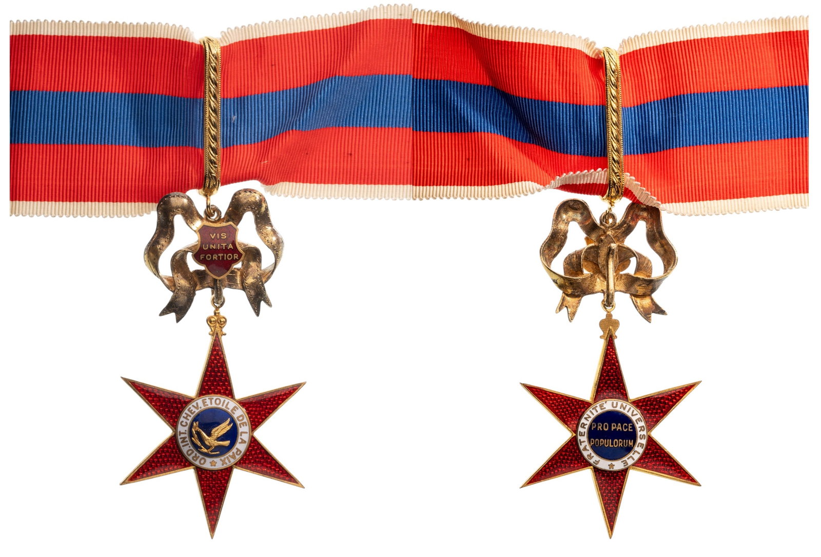 Equestrian Order of The Star Of Peace: Commander's Cross. Neck Badge, 74x34 mm, gilt Bronze, both sides enameled, original suspension device, loop and ribbon. A beautiful badge in extremely fine condition! I