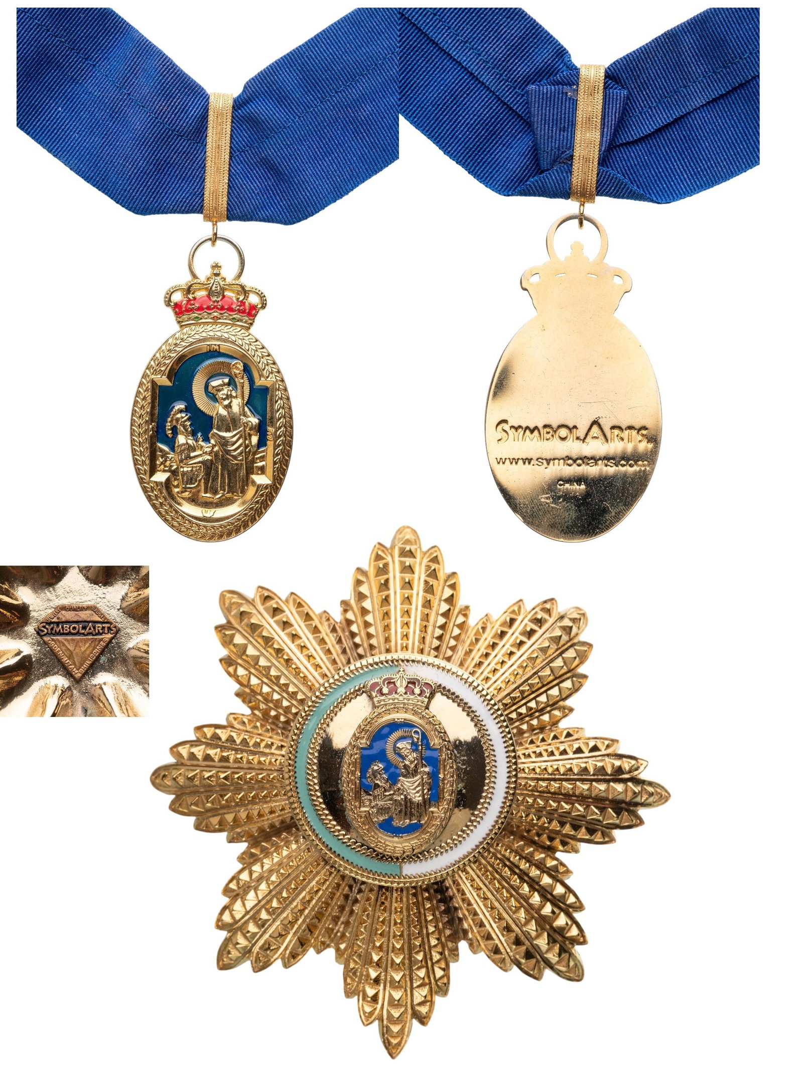 The Royal Brotherhood of Saint Teotonio: Grand Officer's Set. Neck Badge, 60x35 mm, gilt Bronze, maker's mark "Symbol Arts - China", one sides enameled, original suspension ring and ribbon. Breast Star, 90 mm, gilt, maker's mark "Symbol Arts