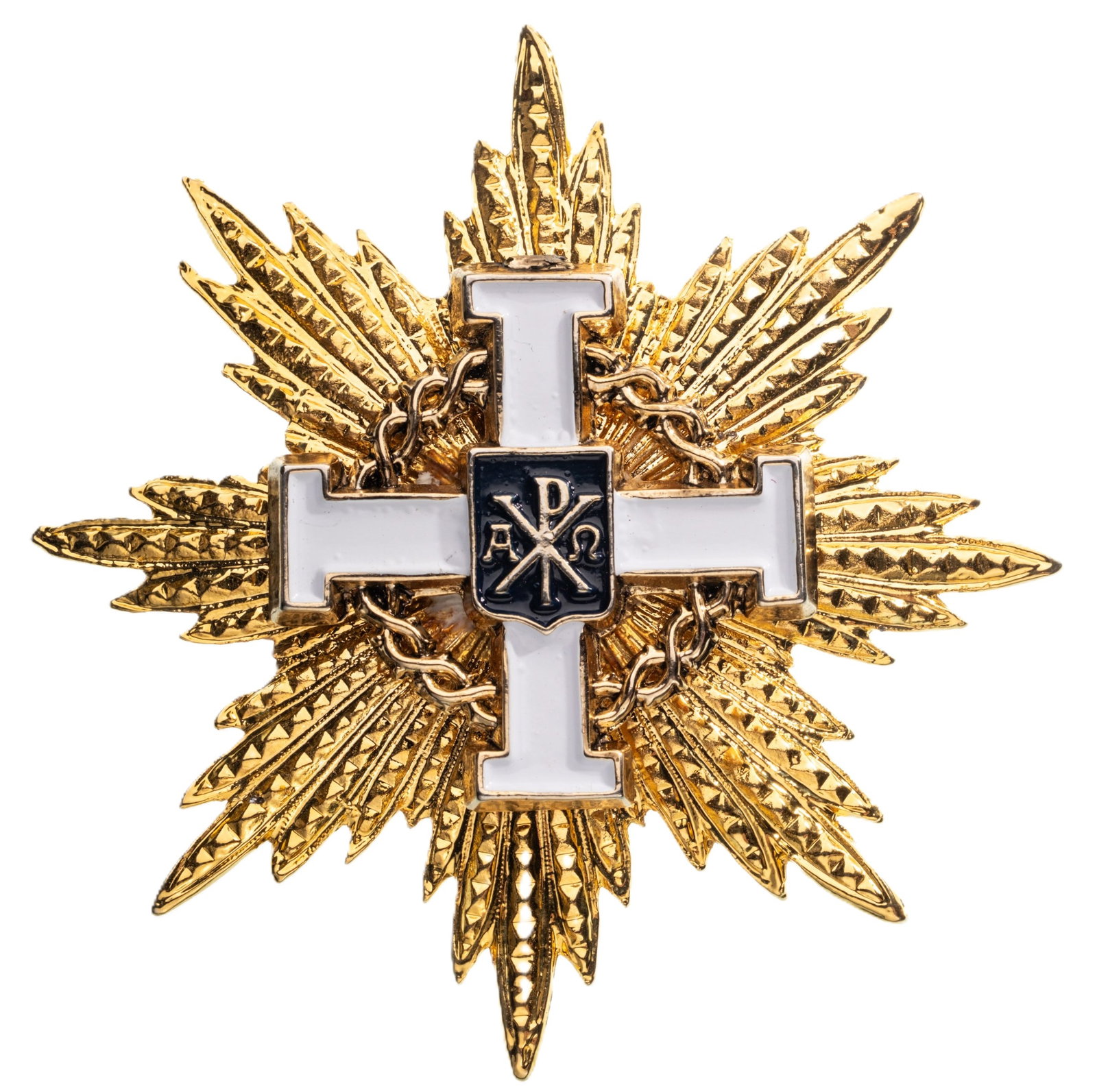 The Order of the Crown of Thorns: Grand Cross Star. Breast Star, 79 mm., gilt Bronze, center enameled, 2 rivets on reverse. Mint condition! I