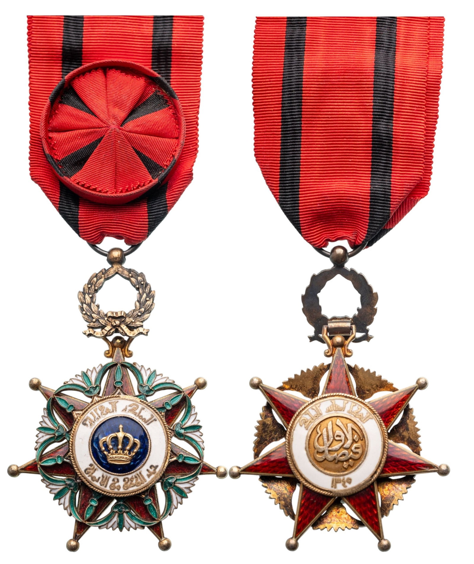 ORDER OF EL-RAFIDAIN (ORDER OF THE TWO RIVERS): Officer's Cross, 1st Model, instituted in 1922. Breast Badge, 65x46 mm, gilt Silver, centre medallion enameled, suspension ring, original ribbon with rosette. A superb badge, in extremely fine