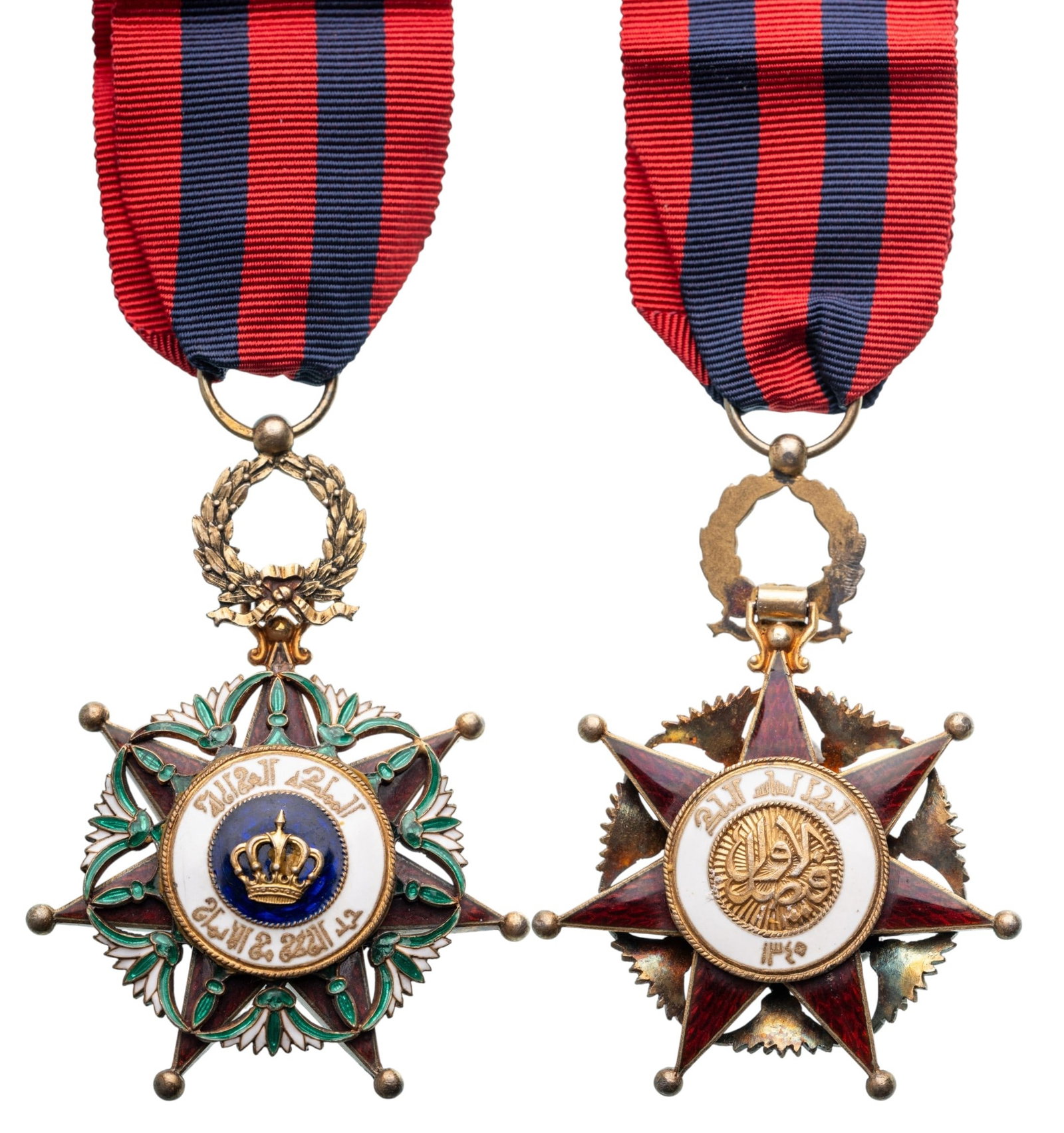 ORDER OF EL-RAFIDAIN (ORDER OF THE TWO RIVERS): Knight's Cross, 1st Model, instituted in 1922. Breast Badge, 63x46 mm, gilt Silver, centre medallion enameled, suspension ring, original ribbon. A superb badge, in extremely fine condition. I