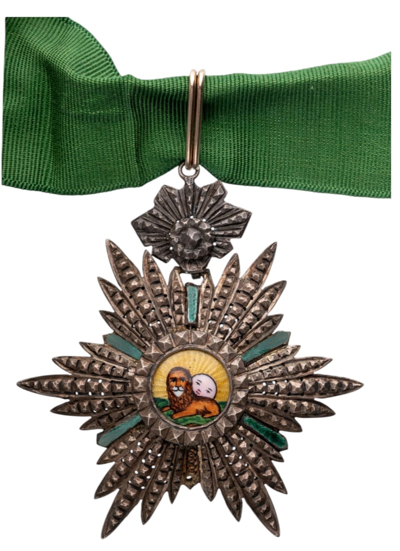 Order of the Sun and the Lion: Commander's Cross, instituted in 1808. Neck Badge, 71x63 mm, Silver, centre medallion enameled, suspension device, suspension loop and original ribbon. A superb badge, in extremely fine condition. I