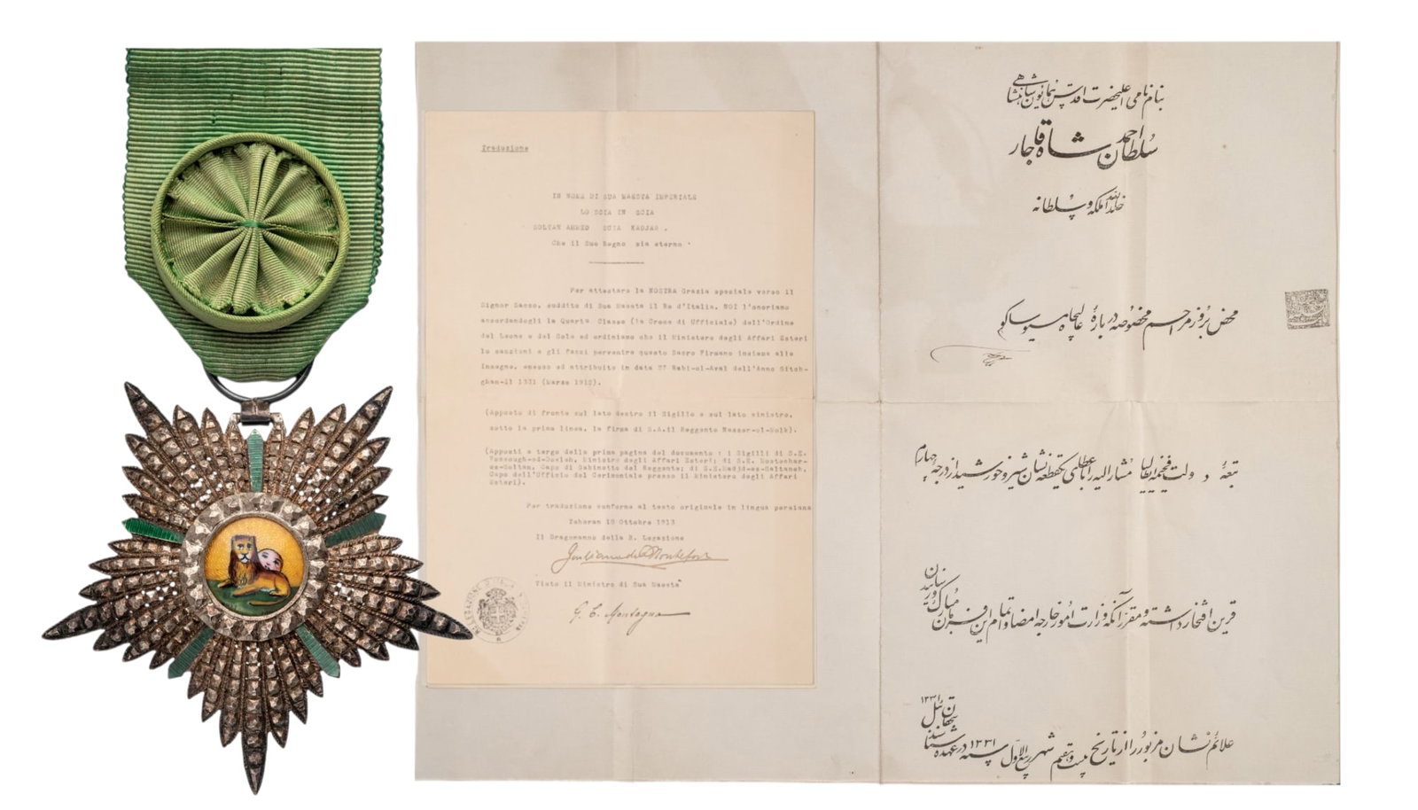 Order of the Sun and the Lion: Officer's Cross, instituted in 1808. Breast Badge, 58 mm, Silver, centre medallion enameled, suspension ring, original ribbon with rosette, together with very large awarding document and Italian