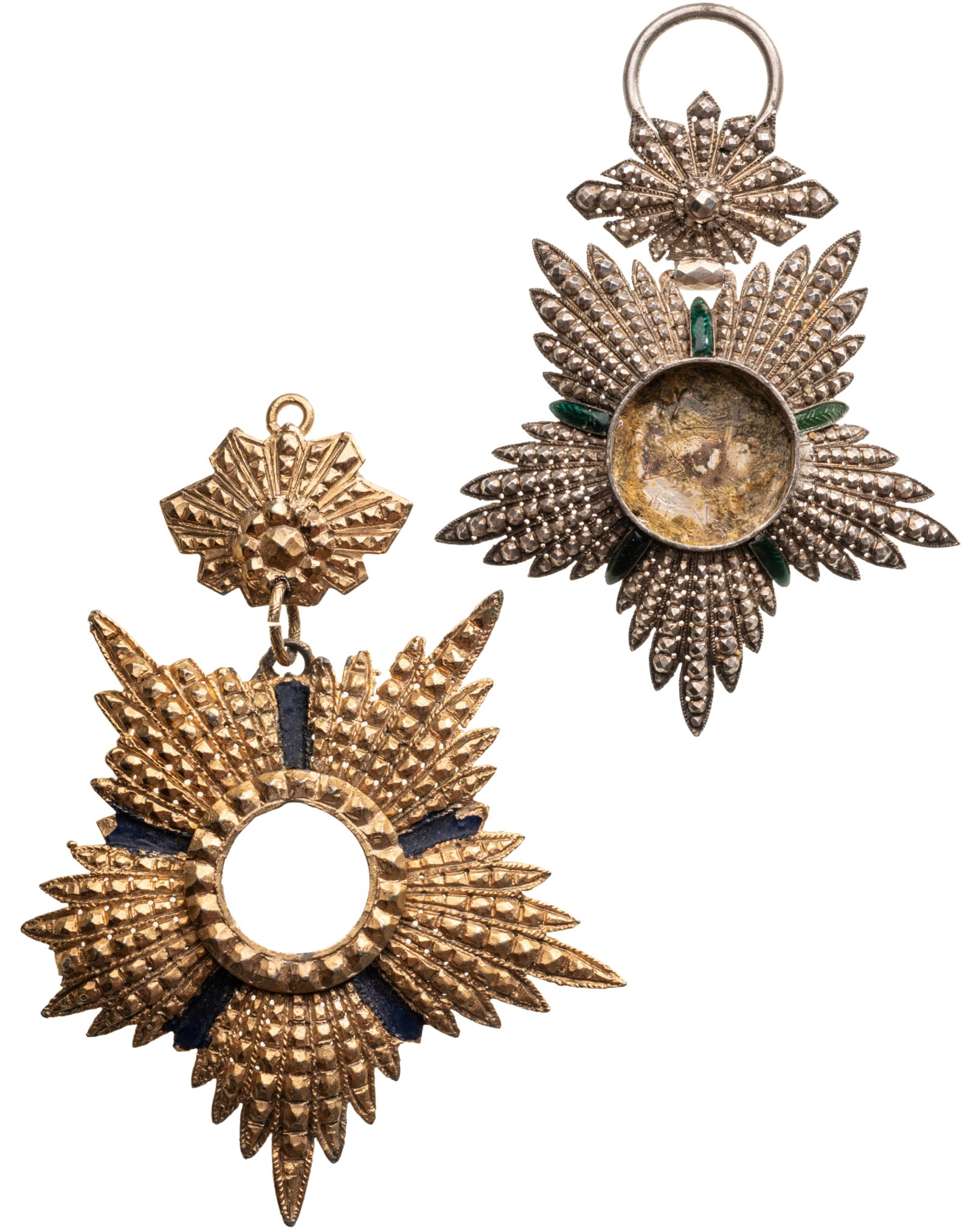 Order of the Sun and the Lion: Lot of 2. Knight's Crosses. Breast Badges, 125x65x39 mm. and 81x70 mm., Silver and one gilt, obverse centers missing, gilt one with one point missing, enameled, suspension devices and rings. Fine cond