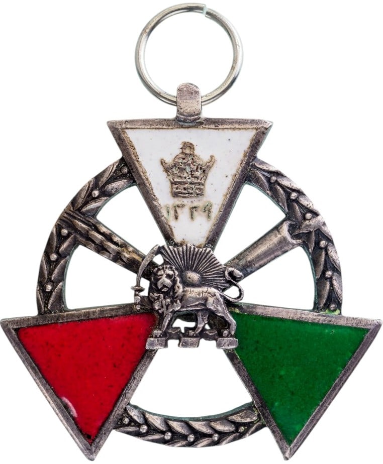 ORDER OF THE POLICE (Kooshesh), 3rd Class: Breast Badge, 44 mm, Silver, multipart constrution, one-side enameled, original suspension ring and ribbon. Very attractive and scarce! I R!