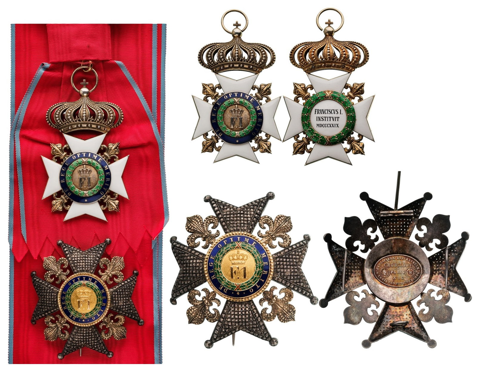 Order of Francis I: Grand Cross Set. Sash Badge, 96x60 mm, Silver, both sides enameled, original suspension ring and complete modern sash. Breast Star, 85 mm., gilt Silver and GOLD, center enameled and gilt, thin pin on 