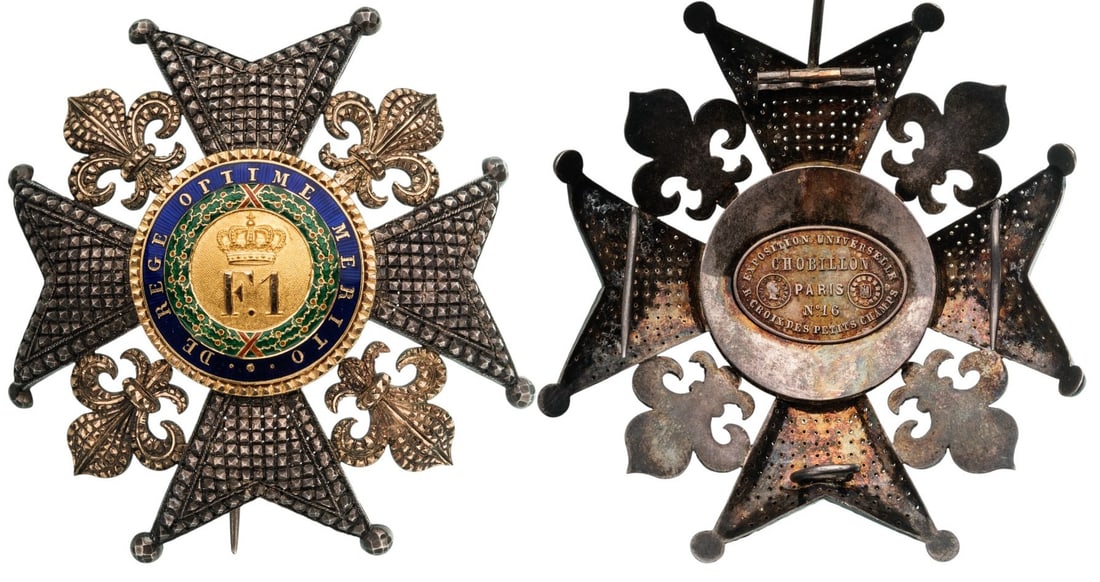 Order of Francis I: Grand Cross Star. Breast Star, 80 mm., gilt Silver and GOLD, center enameled and gilt, thin pin on reverse, maker's mark "Chobillon - Paris". Superb and rare star, in mint condition! I R!