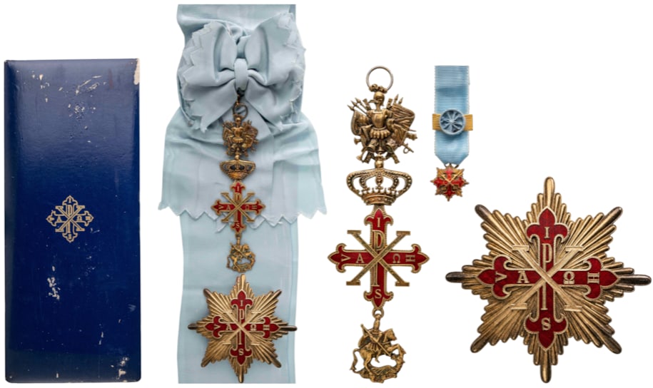Constantinian Order of St. George: Knight Grand Cross of Justice. Ssah Badge, 145x50 mm., gilt Silver, red enamel, with bright-polished details; smooth, polished reverse, beautifully embossed, bulbous crown with chiseled and polished d