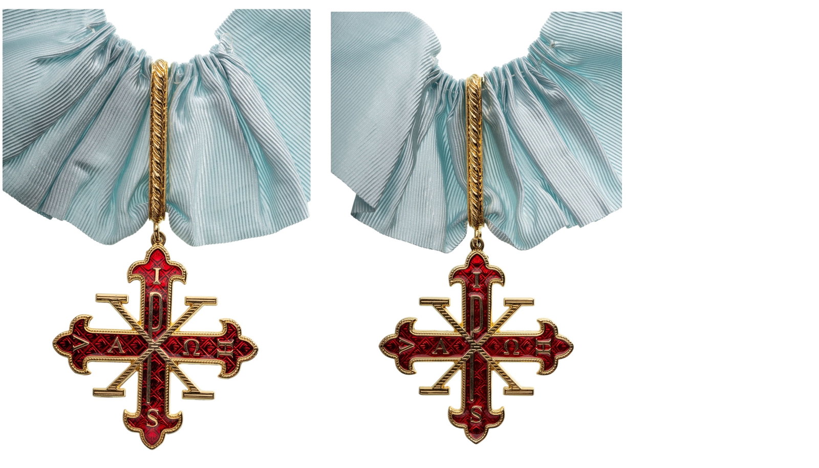 Constantinian Order of St. George: Commander's Cross. Neck Badge, 55x52 mm., gilt Bronze, enameled, original loop and ribbon. Mint state! I