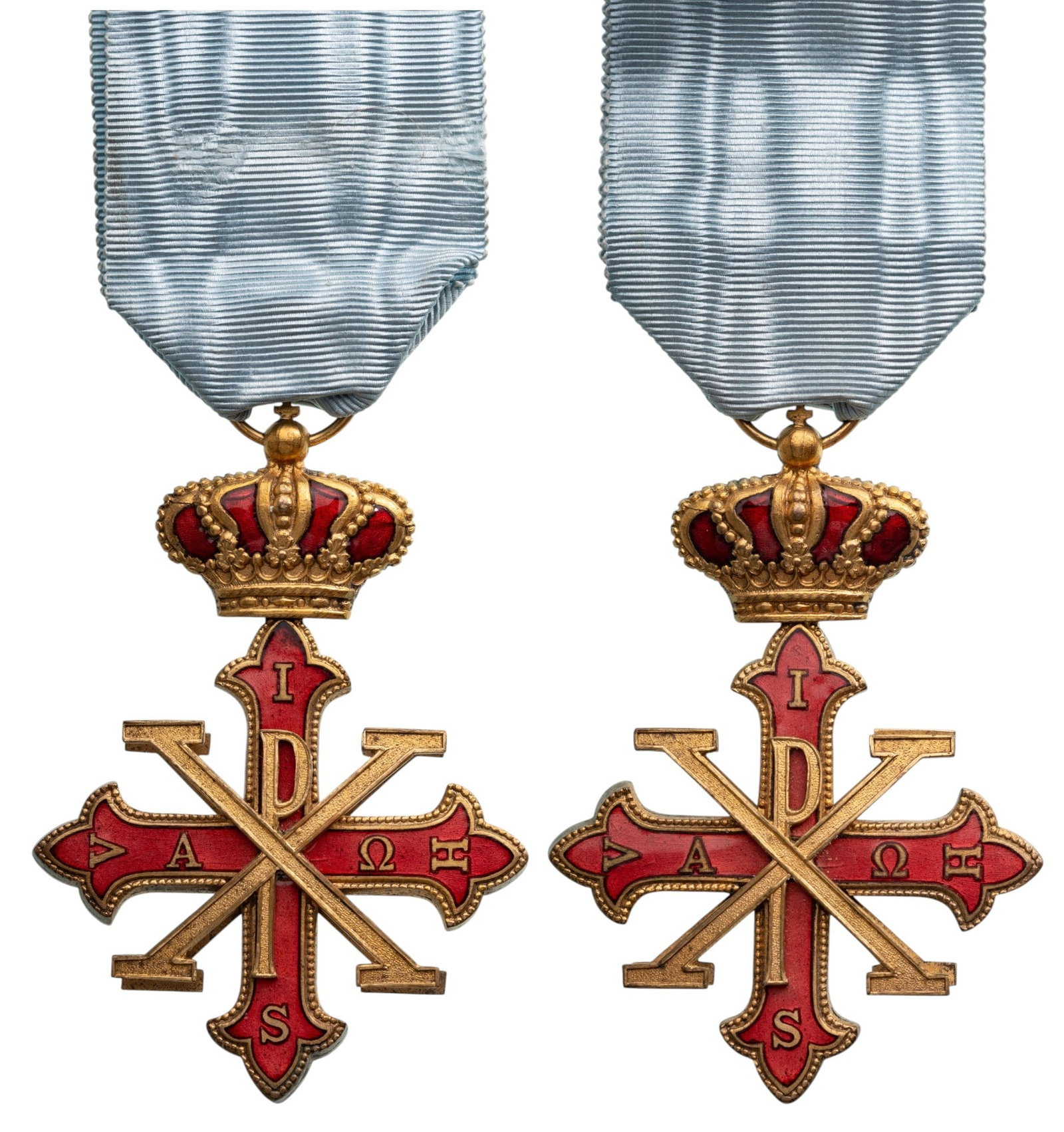 Constantinian Order of St. George: Knight's Cross. Breast Badge, 66x46 mm., gilt Bronze, enameled, original ring and ribbon. Extremely fine! I