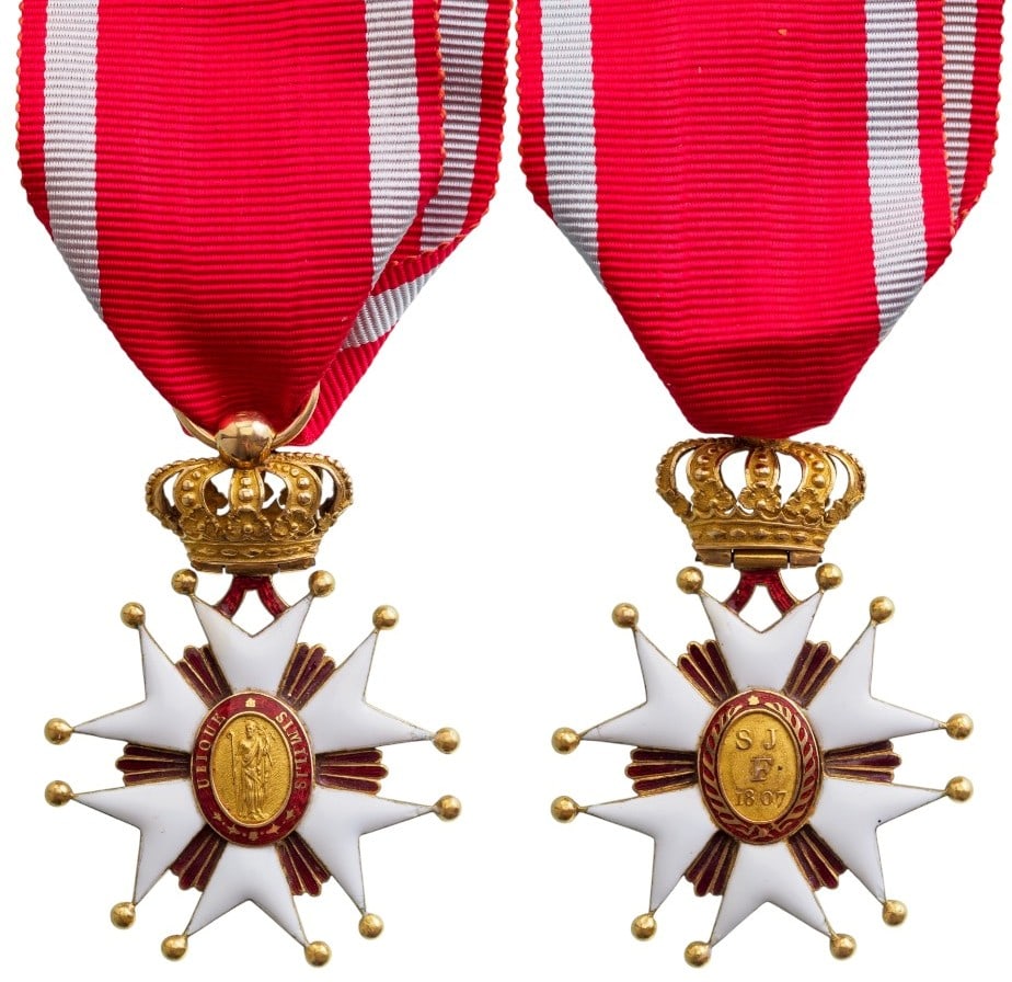 Civil and Military Merit Order under the Title of st. Joseph: Knight's Cross, instituted in 1807. Breast Badge, 53x39 mm., GOLD, white enameled, six-armed cross with ball finials to the tips, flanked by groups of round-tipped, dark red enameled beams, oval centr