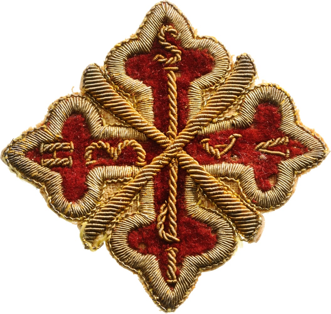 The Sacred Military Constantinian Order of Saint George: Cloth Breast Star. Breast Star of the order in velvet, GOLD and silver bullion, reverse backed with white velum. Some signs of wear. Rare and attractive early 19th Century star! R! I