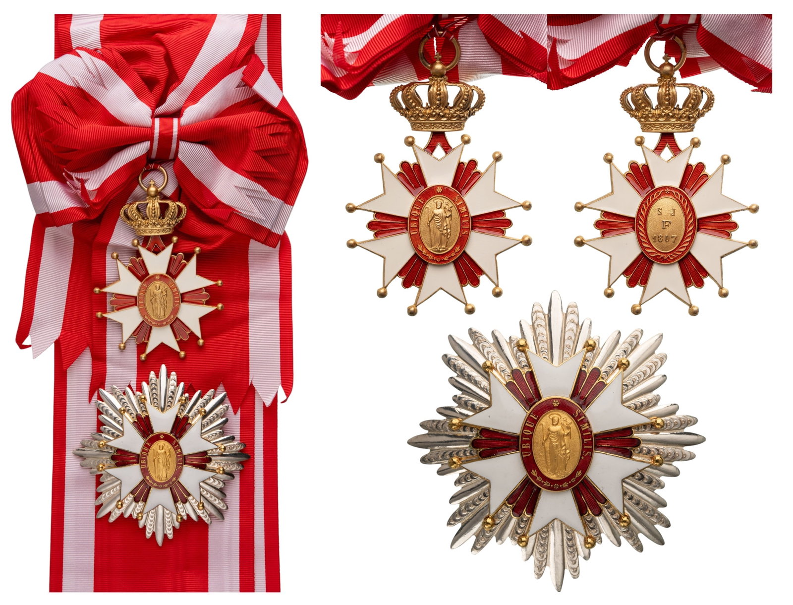 Civil and Military Merit Order under the Title of St. Joseph: Grand Cross Set, instituted in 1807. Sash Badge, 91x65 mm., gilt Bronze, white enameled, six-armed cross with ball finials to the tips, flanked by groups of round-tipped, dark red enameled beams; oval