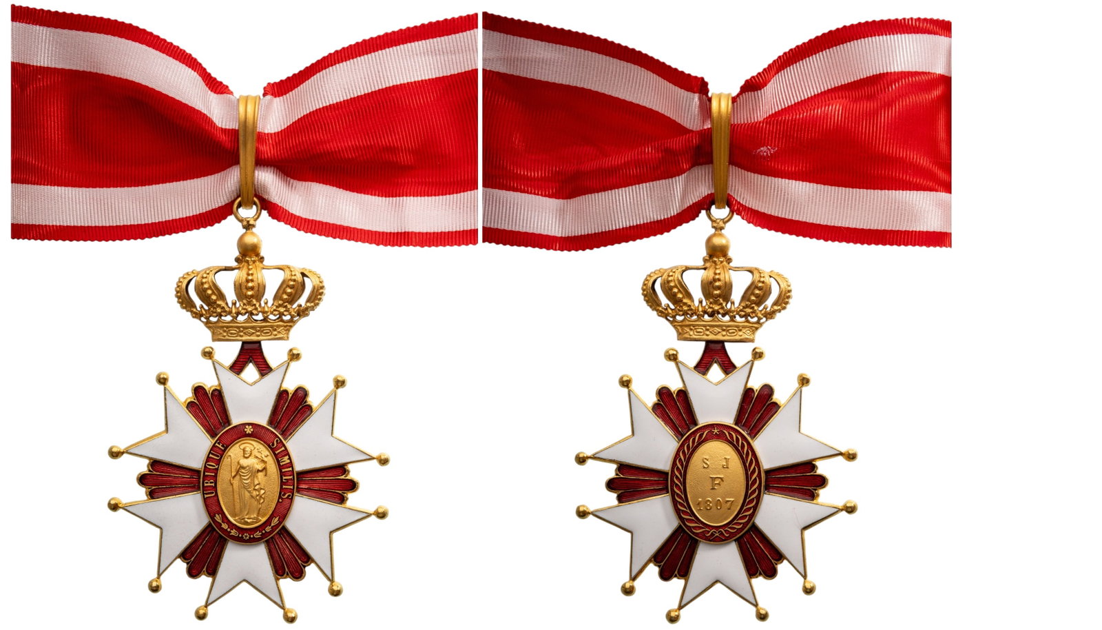 Civil and Military Merit Order under the Title of St. Joseph: Commander's Cross, instituted in 1807. Neck Badge, 90x63 mm., gilt Bronze, white enameled, six-armed cross with ball finials to the tips, flanked by groups of round-tipped, dark red enameled beams; ov