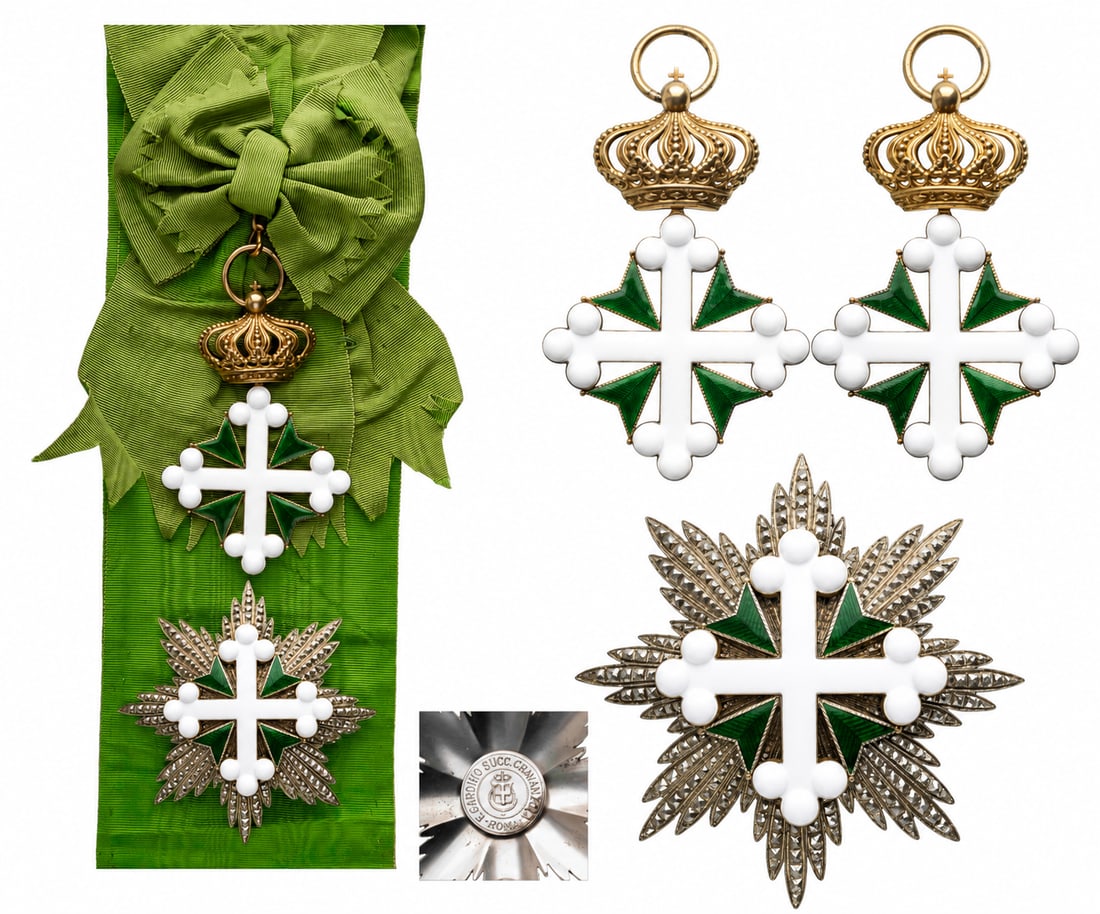 ORDER OF SAINT MAURICE AND LAZARUS: Grand Cross Set, 1st Class, instituted in 1572. Sash Badge, 98x64 mm, gilt Silver, both sides enameled, both central medallions gilt, enameled, original suspension ring and long complete sash. Breast 