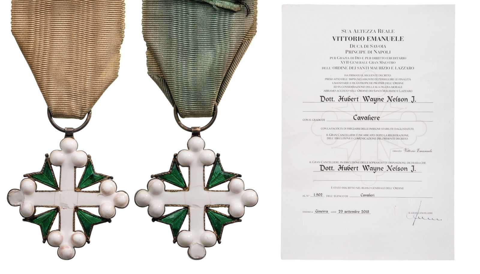 ORDER OF SAINT MAURICE AND LAZARUS: Knight's Cross, 5th Class, instituted in 1914. Breast Badge, 43x40 mm, Silver, both sides enameled (minor damage), original suspension ring and ribbon, together with awarding document to an American n