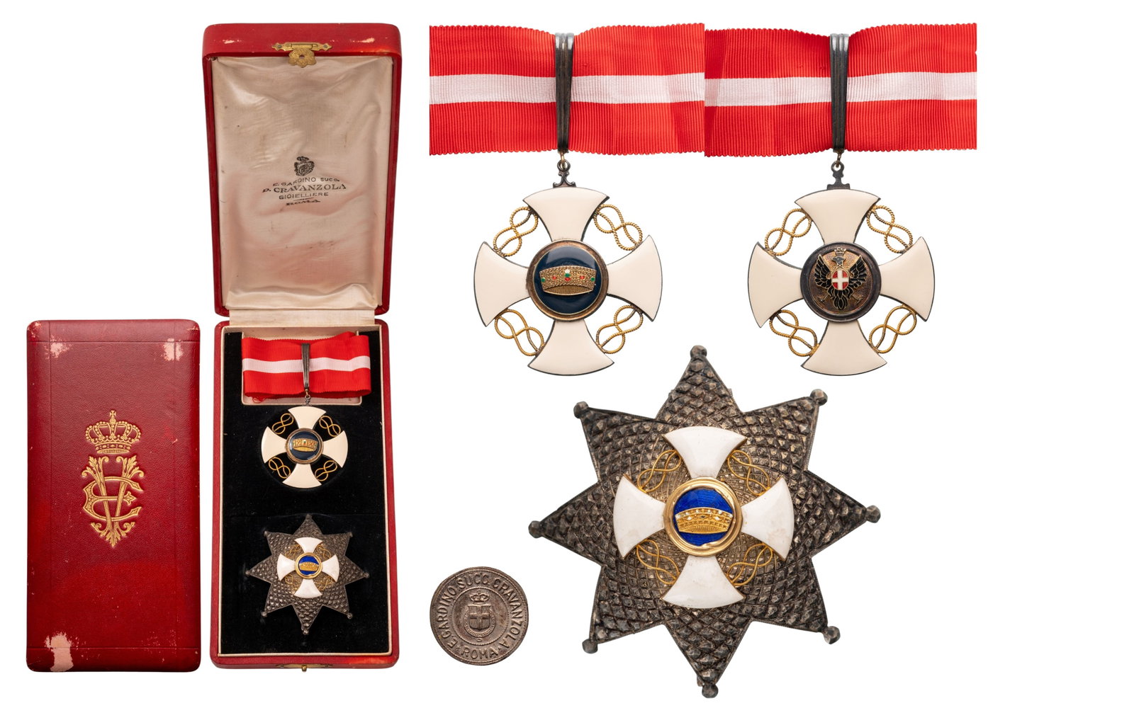 ORDER OF THE CROWN OF ITALY: Grand Officer's Set, instituted in 1861. Neck Badge, 61x54 mm, gilt Silver, both sides enameled, original suspension ring, loop and ribbon. Breast Star, 74 mm., GOLD and Silver, superimposed part enam