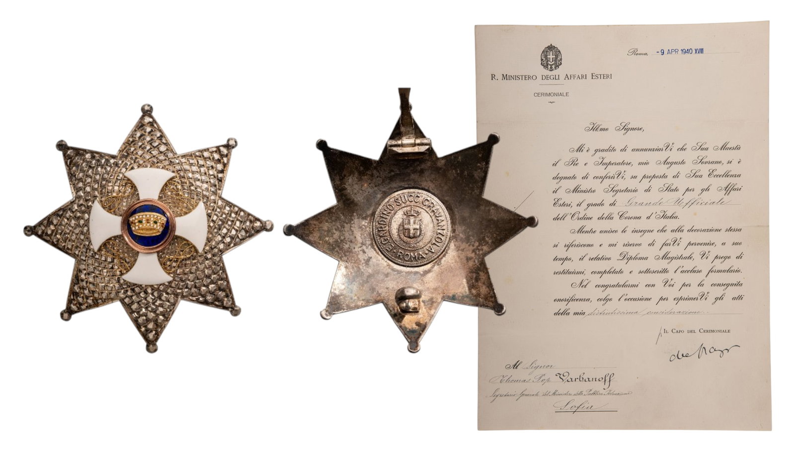 ORDER OF THE CROWN OF ITALY: Grand Officer's Star, instituted in 1861. Breast Star, 78 mm., GOLD and Silver, superimposed part enameled, multipart construction, by "Gardino succ. Cravanzola - Roma", together with awarding documen