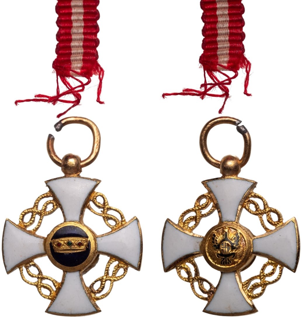 ORDER OF THE CROWN OF ITALY: Officer's Cross Miniature, instituted in 1861. Breast Badge, 14x12 mm., GOLD, 1 g., original suspension ring and ribbon. Mint stateI I