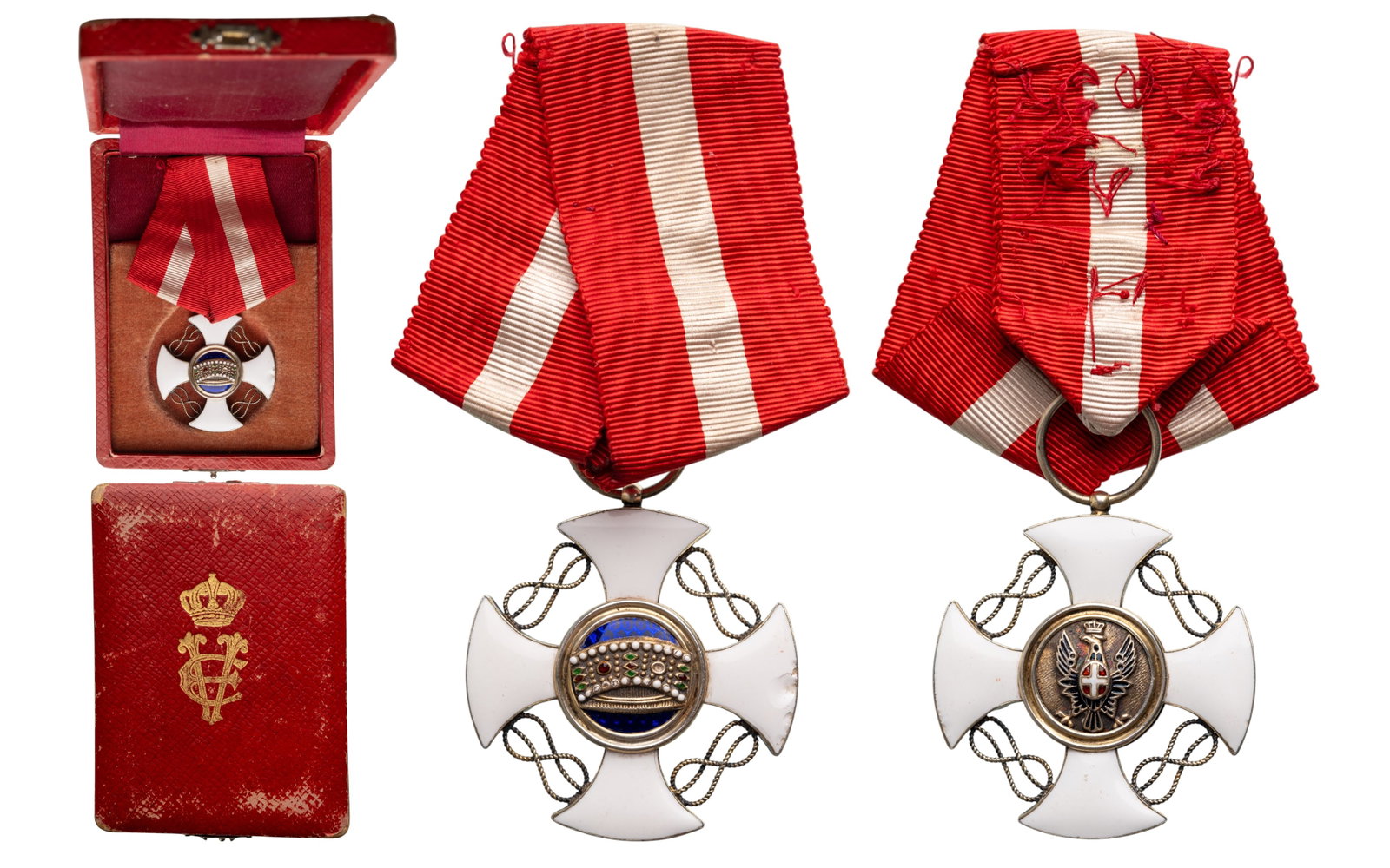 ORDER OF THE CROWN OF ITALY: Knight's Cross, instituted in 1861. Breast Badge, 39x36 mm., Silver, enameled (minor damages), original suspension ring and ribbon, in case of issue, with gilt weapon on the lidI II