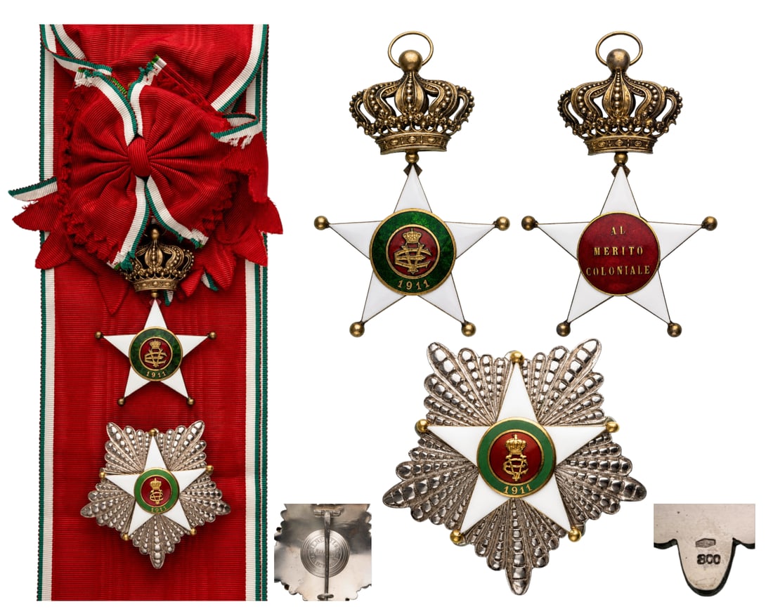 The Colonial Order of the Star of Italy: Grand Cross Set, 1st Class, instituted in 1914. Sash Badge, 82x55 mm, gilt Bronze, both sides enameled, both central medallions gilt, enameled, original suspension ring and long complete sash. Breast 