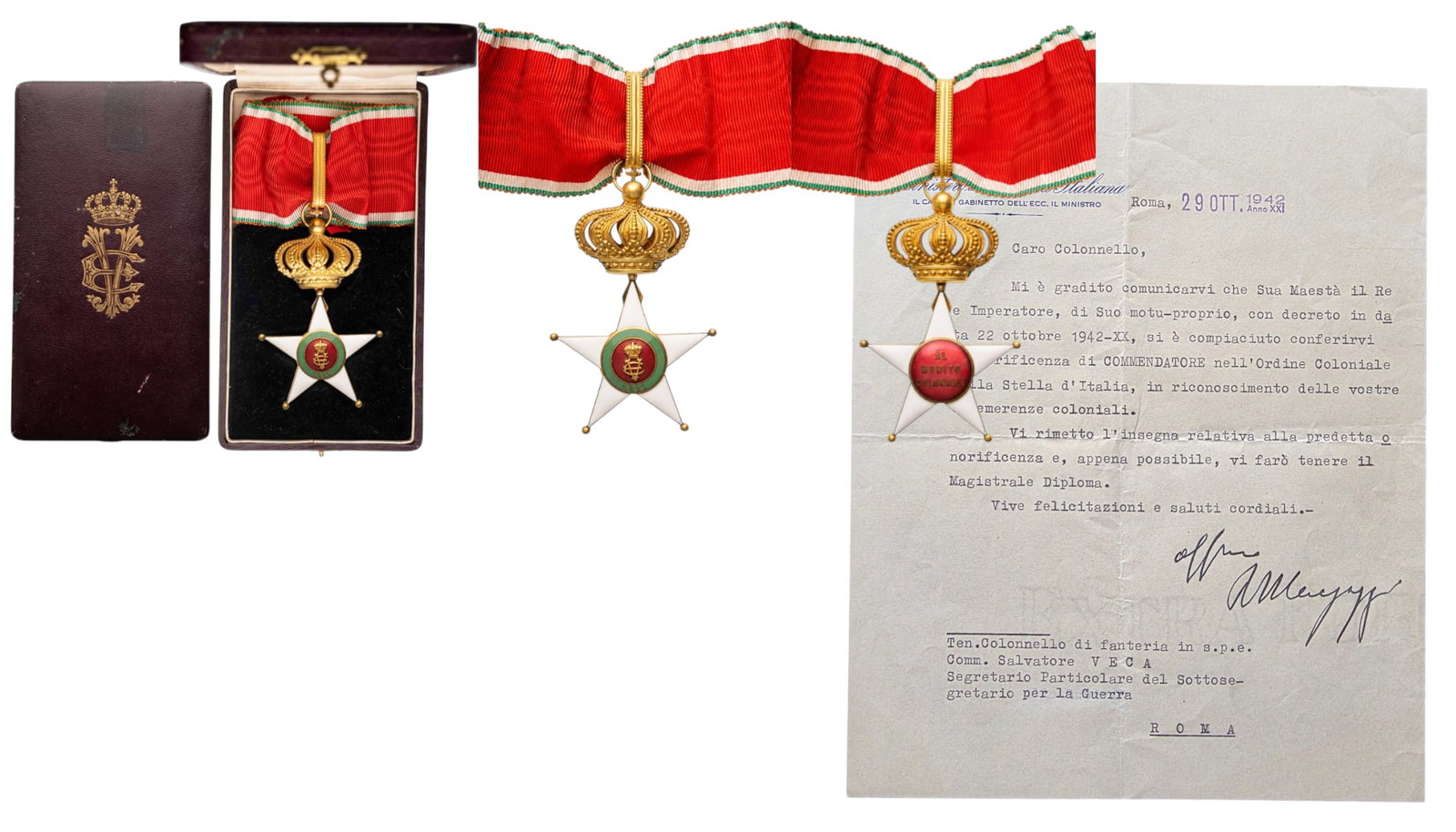 The Colonial Order of the Star of Italy: Commander's Cross, 3rd Class, instituted in 1914. Neck Badge, 81x50 mm, gilt Metal, both sides enameled, both central medallions gilt, enameled, original suspension ring, loop and long complete sash, 