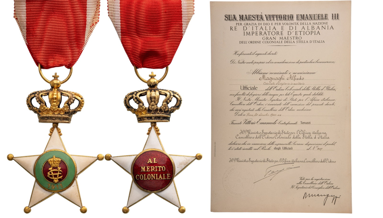 The Colonial Order of the Star of Italy: Officer's Cross, 4th Class, instituted in 1914. Breast Badge, 59x40 mm, gilt Bronze, both sides enameled, both central medallions gilt, enameled, original suspension crown, ring and ribbon, together w