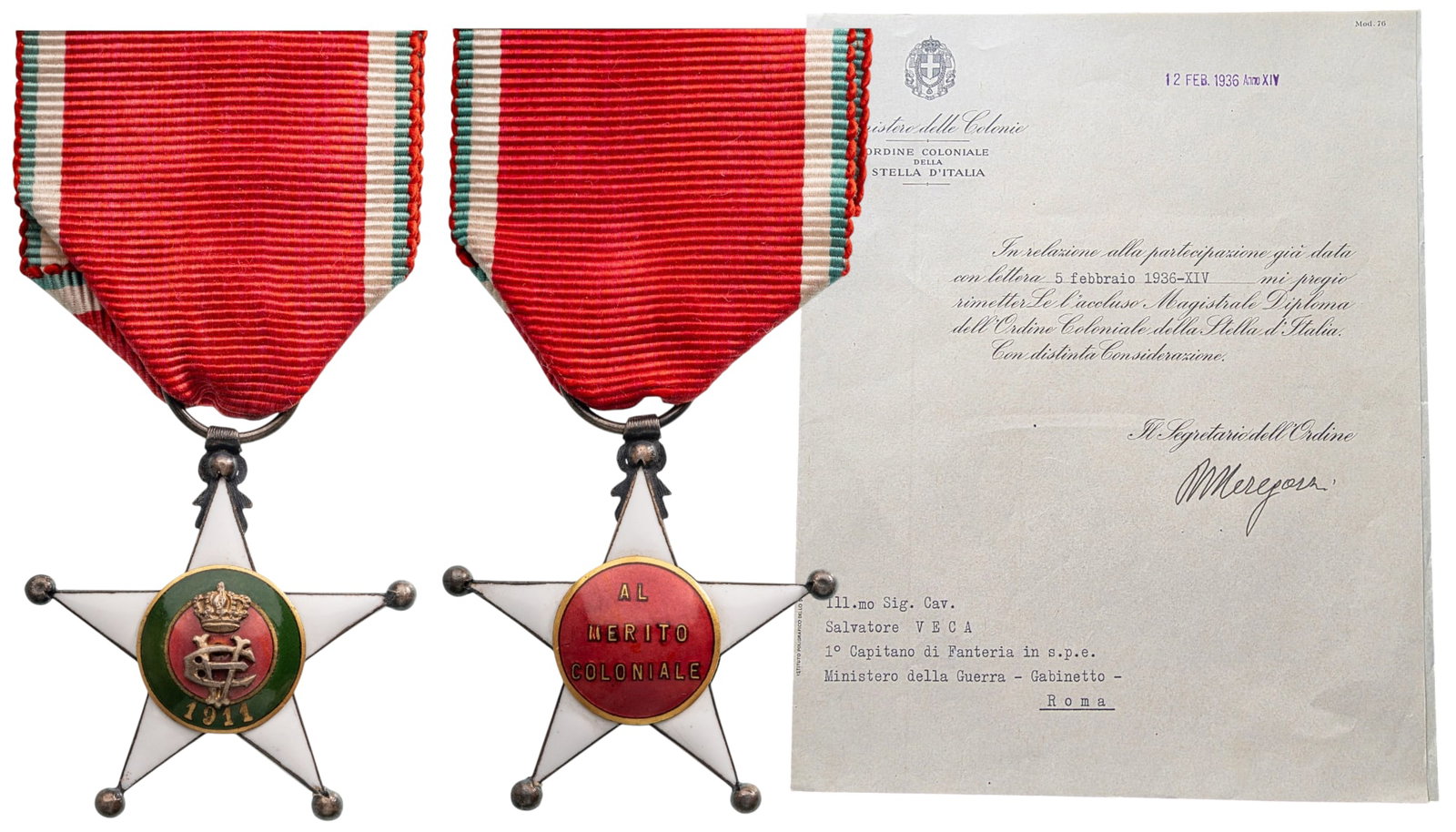 The Colonial Order of the Star of Italy: Knight's Cross, 5th Class, instituted in 1914. Breast Badge, 36 mm, Silver, both sides enameled, both central medallions gilt, enameled, original suspension ring and ribbon. Extremely fine condition! 