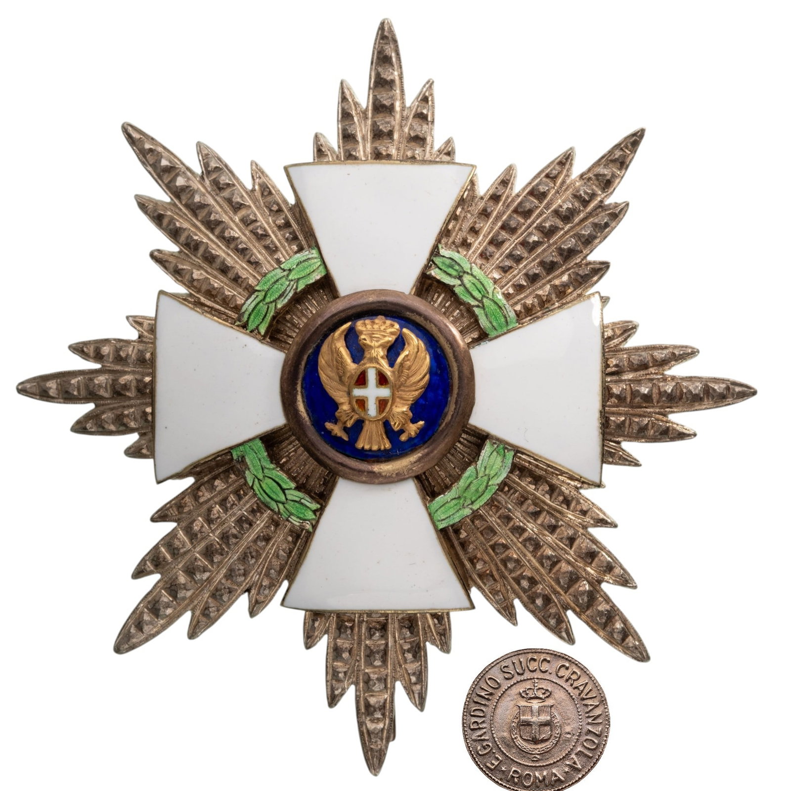 Order of the Roman Eagle (Ordine dellâ??Aquila Romana): Grand Officer's Star, Civil Division. Breast Star, 85 mm., Silver with chiseled rays; gilt silver and enameled centre; smooth, concave reverse, with makerâ??s escutcheon of Gardino-Cravanzola, Rome a