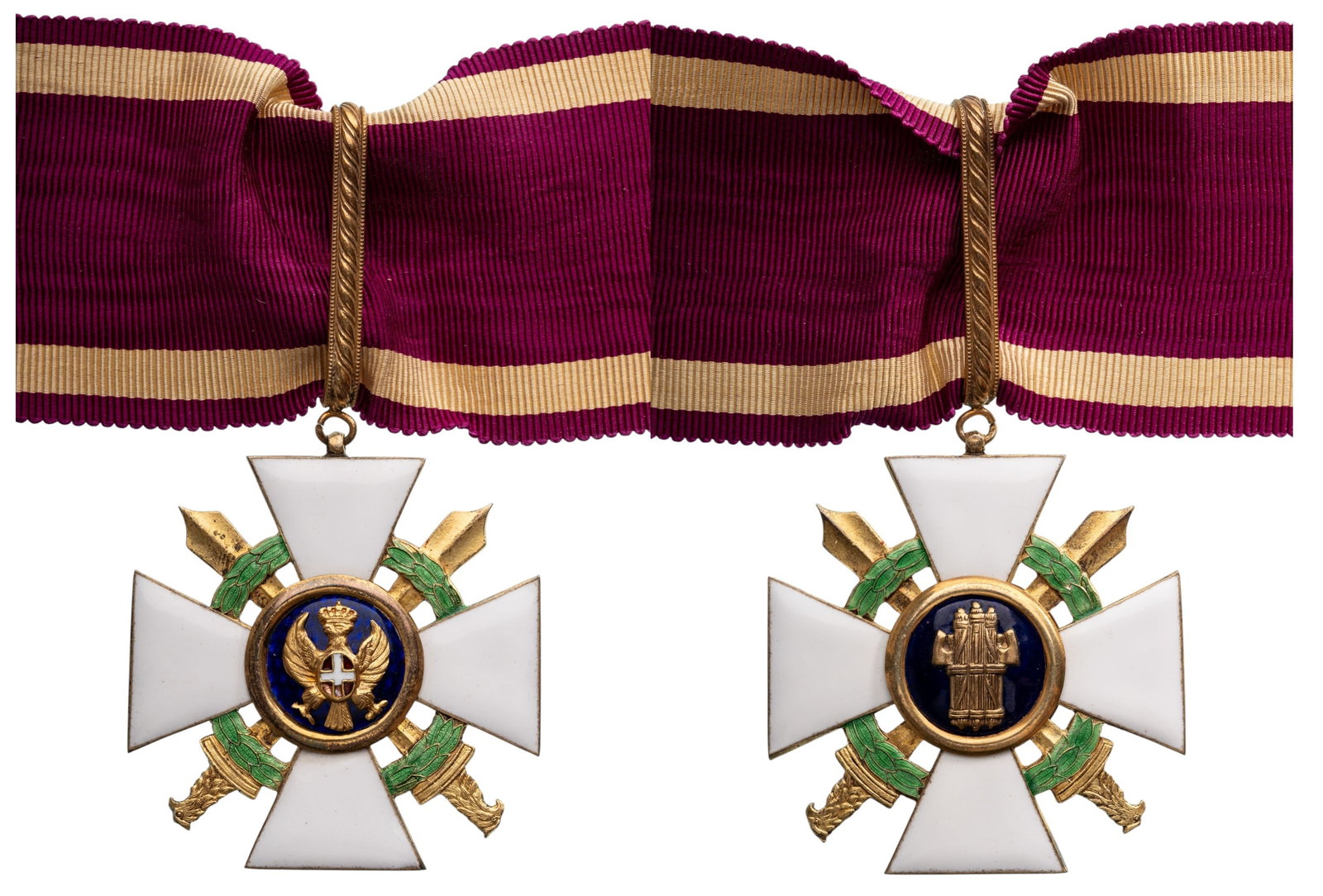 Order of the Roman Eagle (Ordine dellâ??Aquila Romana): Commander's Cross, Military Division, instituted in 1942. Neck Badge, 54x51 mm, gilt Silver, both sides enameled, both central medallions gilt, enameled, original suspension ring, loop and long comple