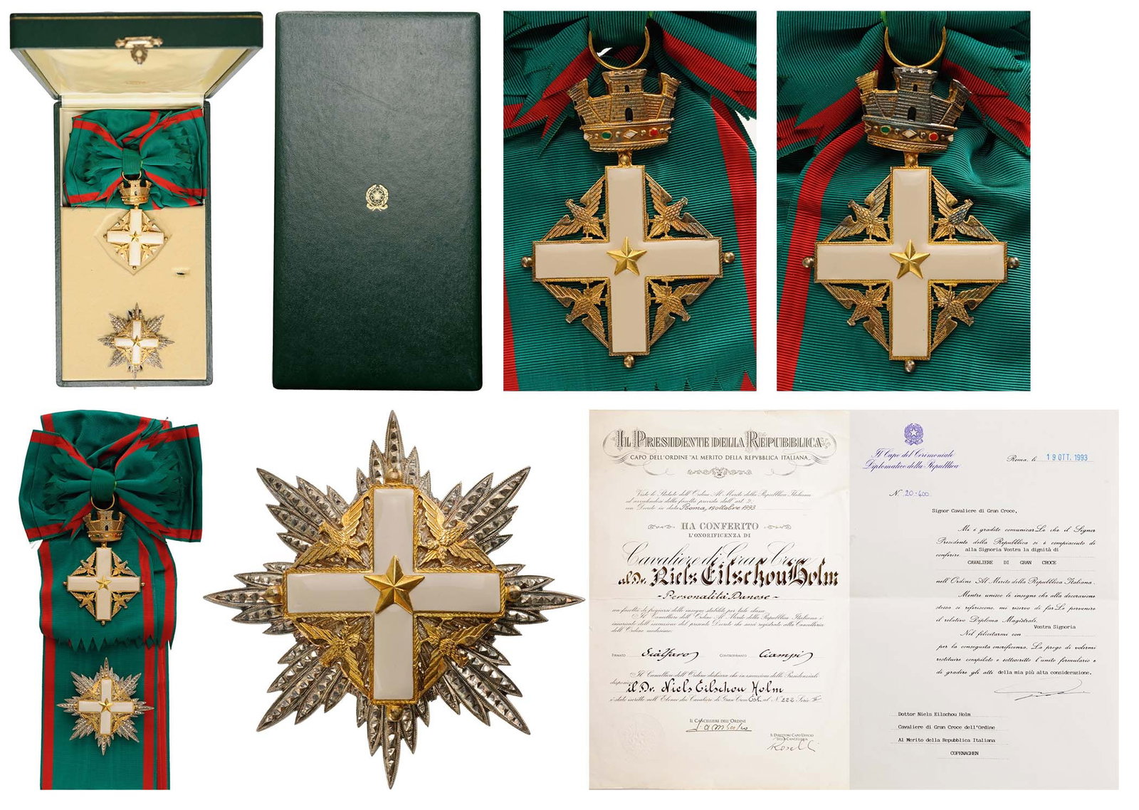 ORDER OF MERIT OF THE ITALIAN REPUBLIC: Grand Cross Set, 1st Class, 1st Type, instituted in 1951. Sash Badge, 100x71 mm, gilt Bronze, both sides enameled, both central medallions gilt bronze, enameled, original suspension ring and long sash
