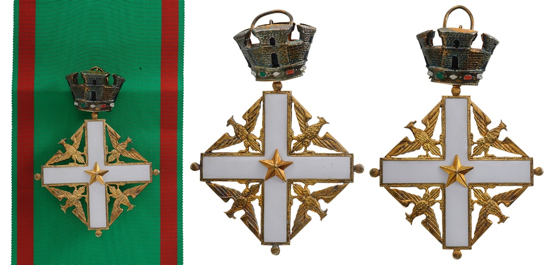 ORDER OF MERIT OF THE ITALIAN REPUBLIC: Grand Cross Badge, 1st Class, 1st Type, instituted in 1951. Sash Badge, 94x71 mm, gilt Silver, both sides enameled, both central medallions gilt, enameled, original suspension ring and short sash. Rar