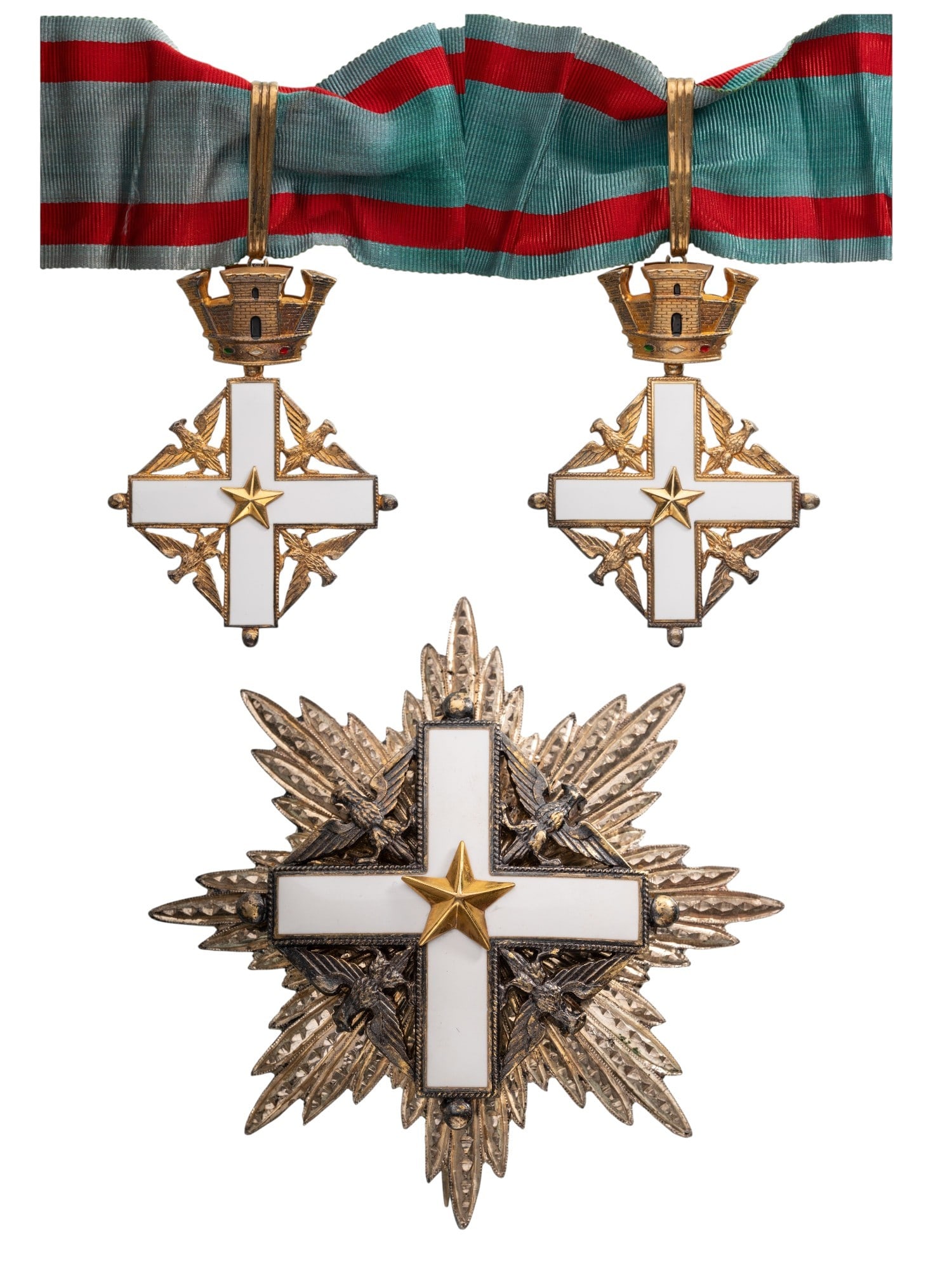 ORDER OF MERIT OF THE ITALIAN REPUBLIC: Grand Officer's Set, instituted in 1951. Neck Badge, 74x56 mm, gilt Silver, both sides enameled, original suspension loop and long complete ribbon. Breast Star, 80 mm., gilt Silver, superimposed part 