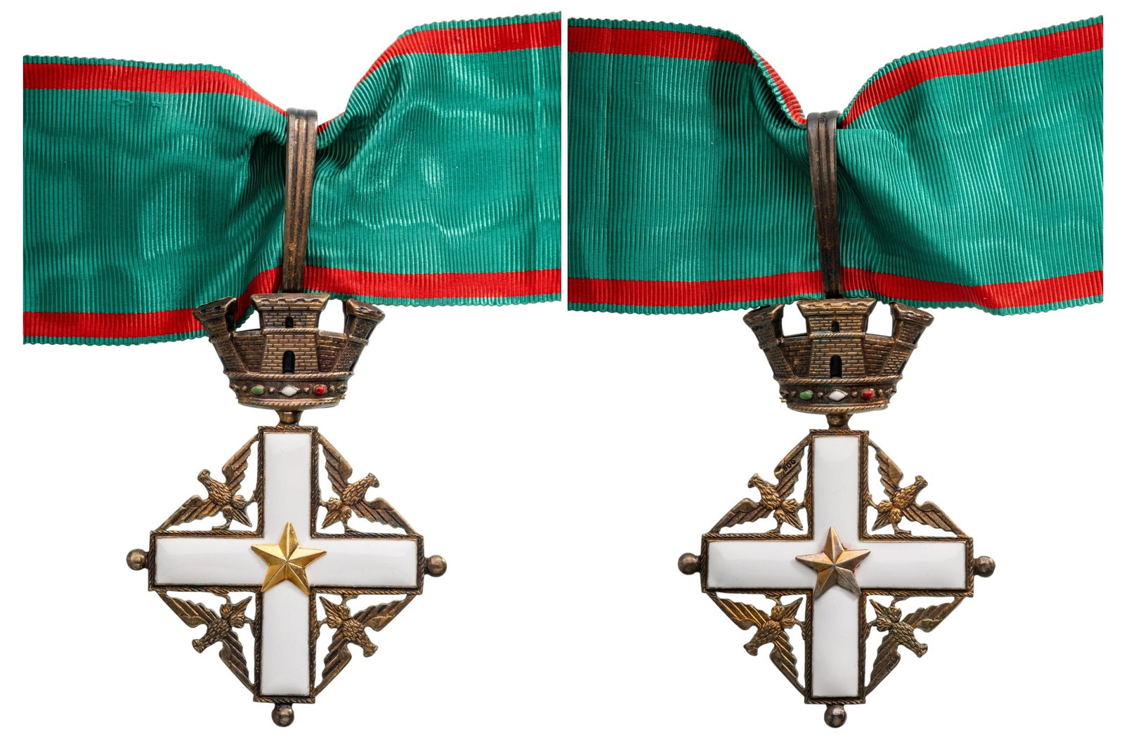 ORDER OF MERIT OF THE ITALIAN REPUBLIC: Commander's Cross, instituted in 1951. Neck Badge, 75x55 mm, gilt Silver, both sides enameled, original suspension loop and long complete ribbon. Best conditionI I