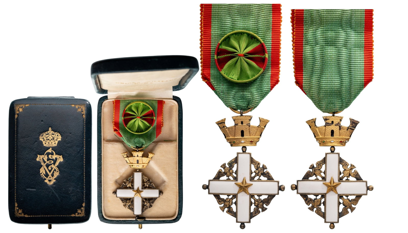ORDER OF MERIT OF THE ITALIAN REPUBLIC: Officer's Cross, instituted in 1861. Breast Badge, 52x39 mm., gilt Silver, enameled, original suspension ring and ribbon with rosette, in case of issue by "Unione Militare- Roma", with gilt weapon on 
