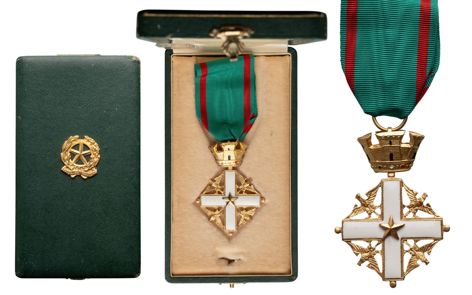ORDER OF MERIT OF THE ITALIAN REPUBLIC: Knight's Cross, 1st Model, instituted in 1861. Breast Badge, 61x44 mm., gilt Bronze, enameled, original suspension ring and ribbon, in case of issue by "Cravanzola - Roma", with gilt weapon on the lid