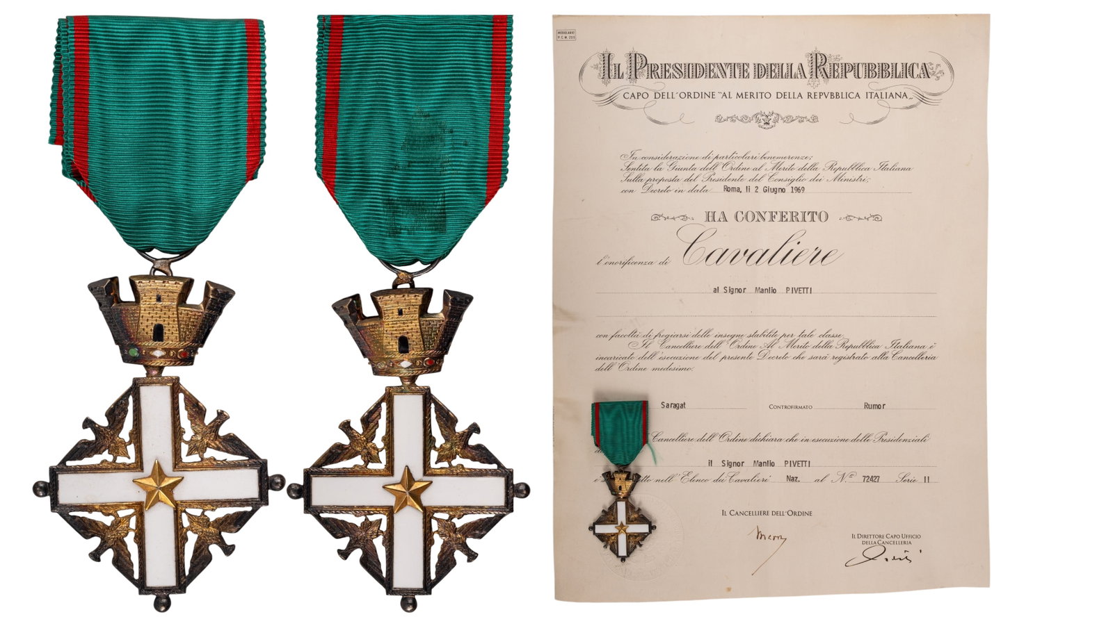 ORDER OF MERIT OF THE ITALIAN REPUBLIC: Knight's Cross, 1st Model, instituted in 1861. Breast Badge, 63x43 mm., gilt Silver, enameled, original suspension ring and ribbon, together with awarding document, dated Rome, 2nd of June 1969. A set