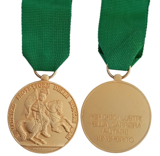 Commemorative Medal of Saint Maurice (Medaglia Mauriziana): Breast Badge, 40x36 mm, gilt Silver, 25 g., original suspension ring and ribbon. Extremely fine condition! I