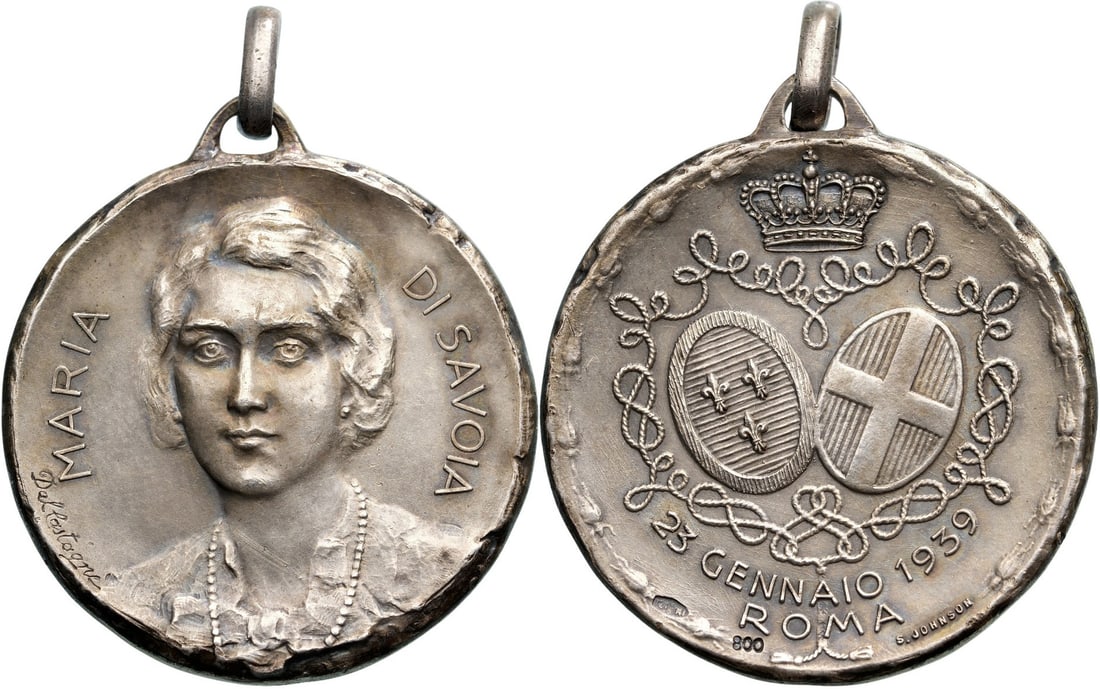 Wedding Medal of Maria of Savoia, 25th of January 1939, Rome mint.: Breast Badge, 34x31 mm., silvered Bronze, original suspension rings. Extremely fine condition! I