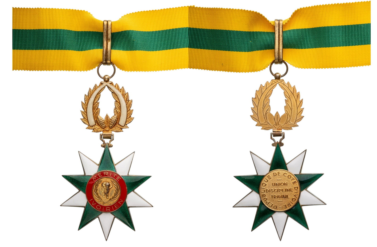 Order of Merit of the Ivory Coast: Commander's Cross, 3rd Class, instituted in 1970. Neck Badge, 97x57 mm, partially gilt Silver, enameled, superimposed part gilt enameled, with original suspension wreath, ring, loop and similar incorr