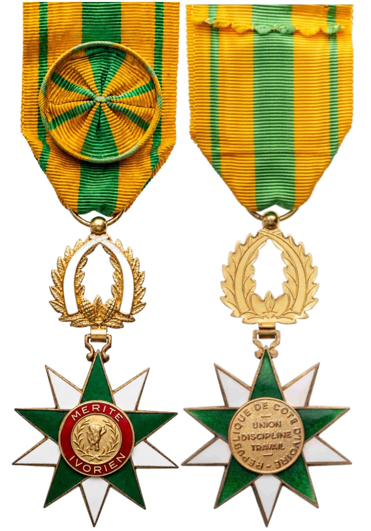 Order of Merit of the Ivory Coast: Officer's Cross, 4th Class, instituted in 1970. Neck Badge, 76x45 mm, partially gilt Silver, enameled, superimposed part gilt enameled, with original suspension wreath, ring and ribbon with rosette. V