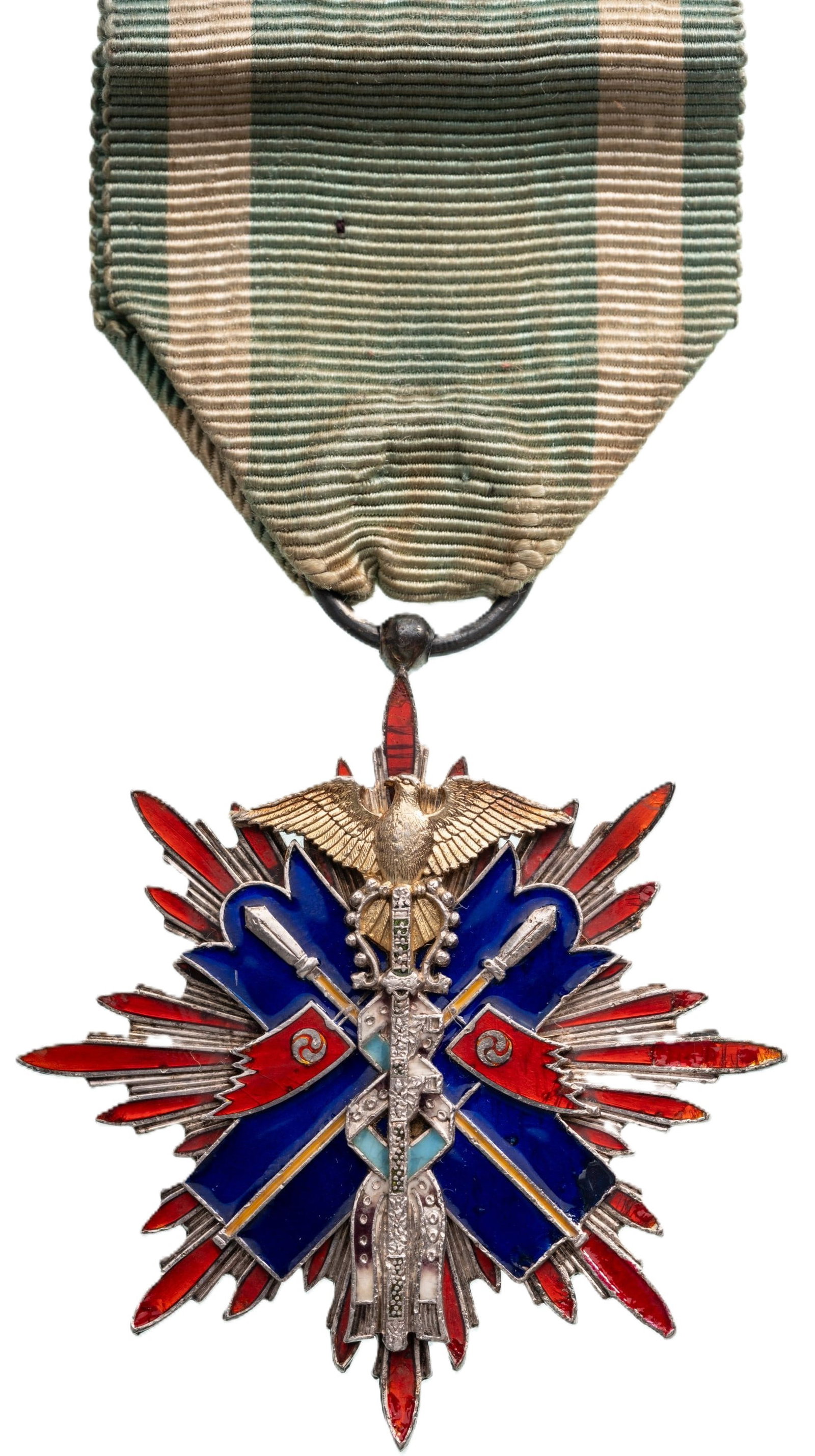 ORDER OF THE GOLDEN KITE (Kinshi KunshÅ?): 6th Class, instituted in 1890. Breast Badge, 48x45 mm., gilt Falcon, Silver, one side enameled, suspension ring and ribbon. Extremely fine condition! I