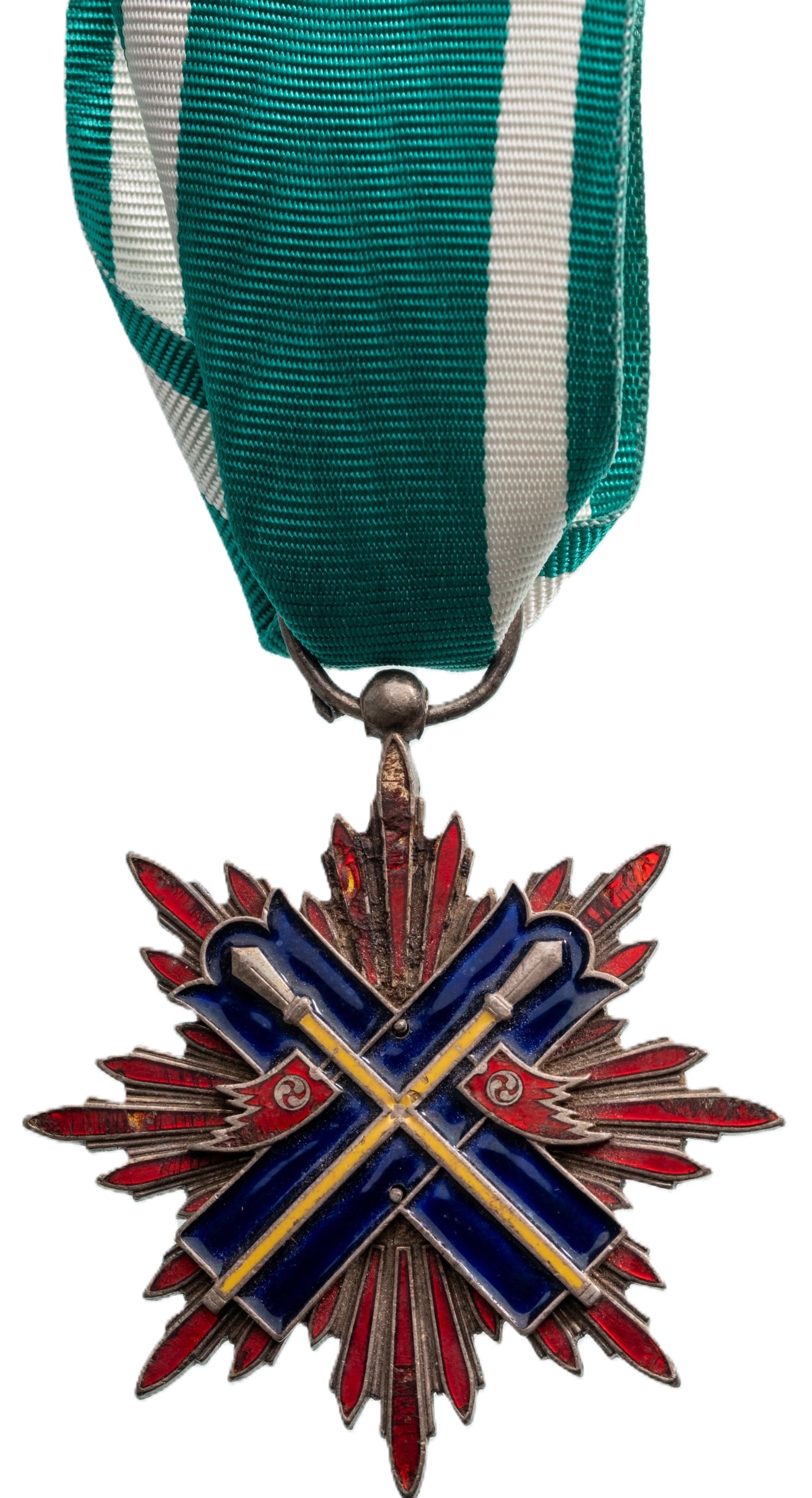 ORDER OF THE GOLDEN KITE (Kinshi KunshÅ?): 5th Class, instituted in 1890. Breast Badge, 46x43 mm., Silver, one side enameled, suspension ring and correct new ribbon, central falcon and attributes missing! IV