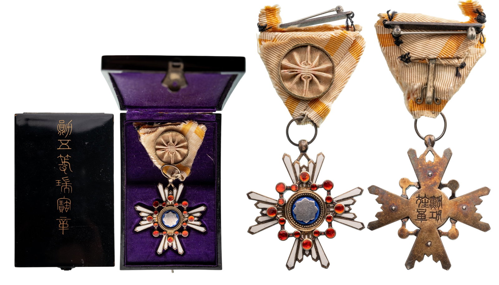 ORDER OF THE SACRED TREASURE (Kunnito zuihisho): 4th Class, instituted in 1888. Breast Badge, 50x45 mm., partially gilt Silver, enameled, reverse with Japanese inscriptions, suspension ring and damaged ribbon with rosette, in laquered case of