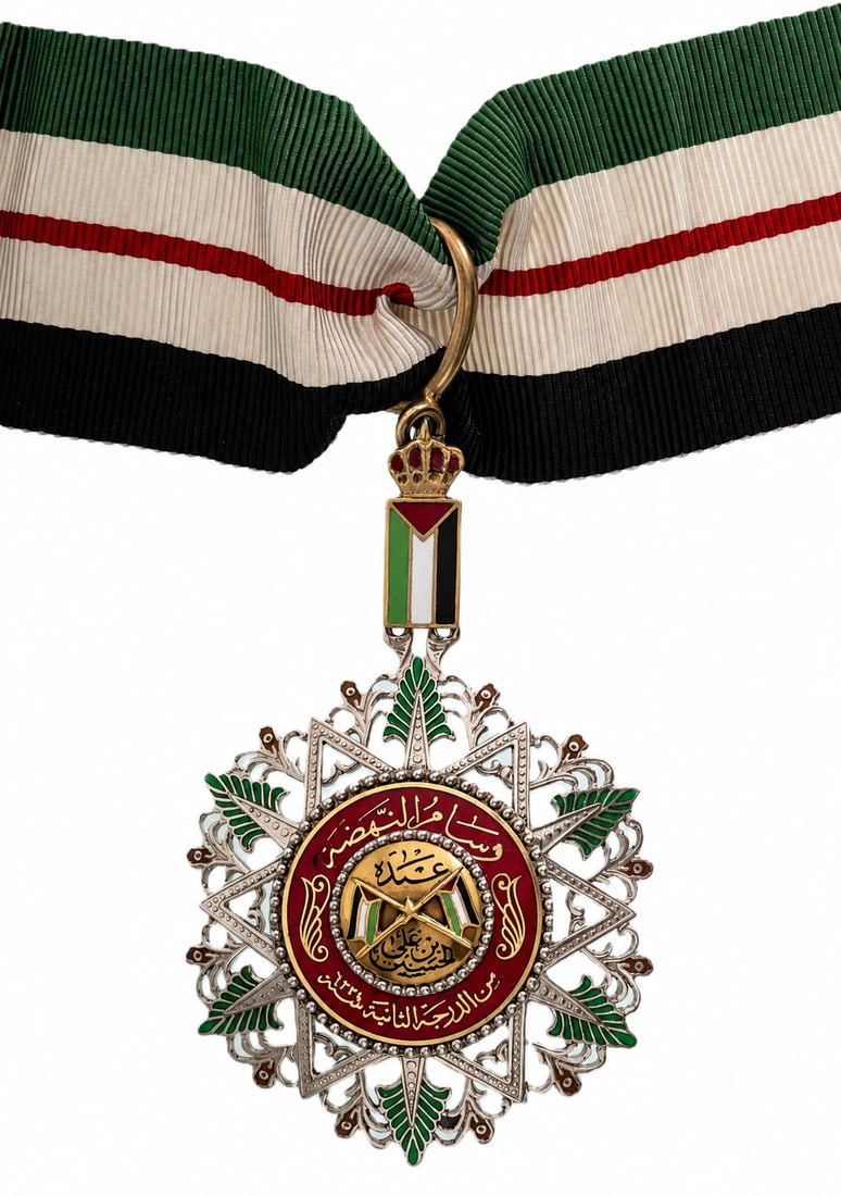 The Order of the Renaissance (Wisam al-Nahda): founded by King Hussein of the Hijaz: Commander's Cross, 3rd Class, instituted in 1917. Neck Badge, 69x46 mm, partially gilt Silver, Arabic hallmark on reverse, enameled, superimposed part gilt enameled, with original suspension enameled