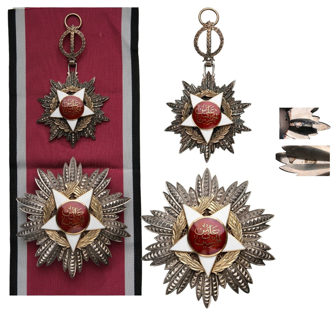Order of Independence (Wisam Al Ordani Al Istiklal): Grand Cross Set, 1st Class, 1st Model, instituted in 1921. Sash Badge, 92x58 mm, partially gilt Silver, enameled, superimposed part gilt enameled, with original suspension device, ring and short unsew