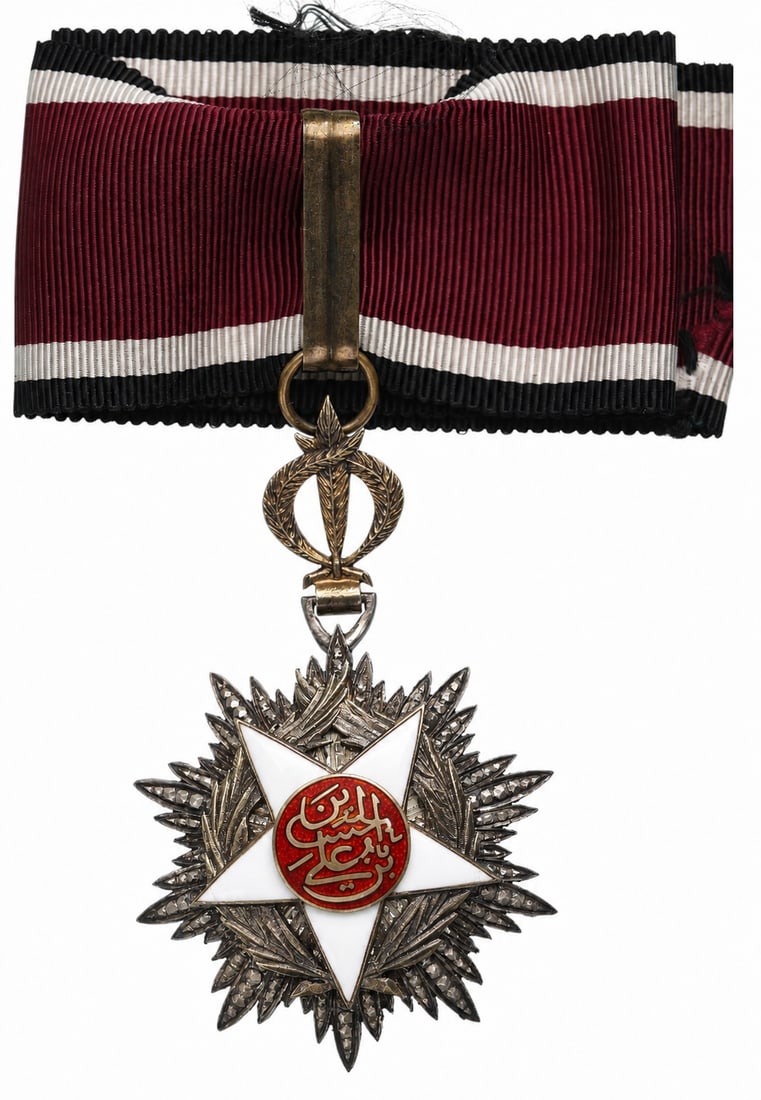 Order of Independence (Wisam Al Ordani Al Istiklal): Commander's Cross, 3rd Class, instituted in 1921. Neck Badge, 64x43 mm, partially gilt Silver, enameled, superimposed part gilt enameled, with original suspension device, ring and ribbon. Very attract
